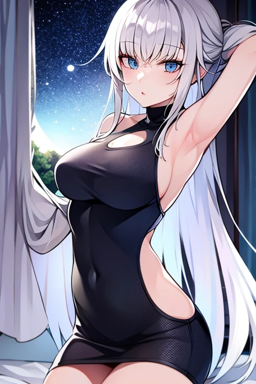 long White hair, blue eyes, 16 years, inocent Russian girl, wearing a long sweater, sleepy face, Spread armpit, in the bed,facing the window with the moon and stars shining