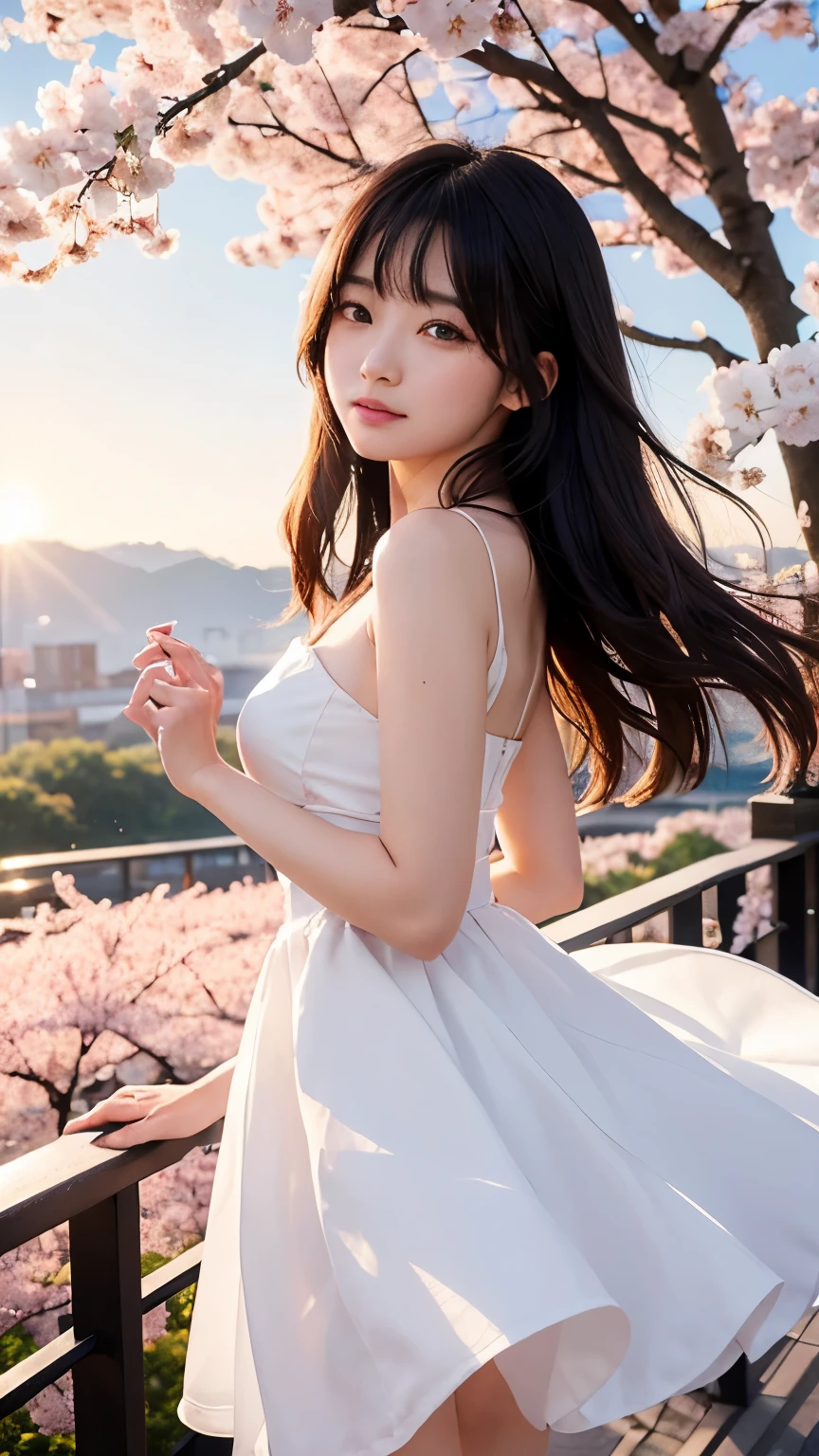 (logo、masterpiece、8K、table top、Raw photo、wonderful、最high quality、フォトリアリスティックでvery detailedな CG 統合 8k 壁紙、high quality、very detailed、Narrative poem、particle effects、dynamic effects、written boundary depth、cinematic light、Lens flare、ray tracing)、fantasy、 (1 beautiful woman、dress、dress、Cherry blossom pattern、black haired、beautiful face、real face、beautiful details eyes beautiful skin)、髪がWindで踊る、Hair flutters in Wind、hair bounces、Pink cherry blossom tree、petals dance、SakuraFubuki、wonderful景色、sunrise、Sun in the background、Wind