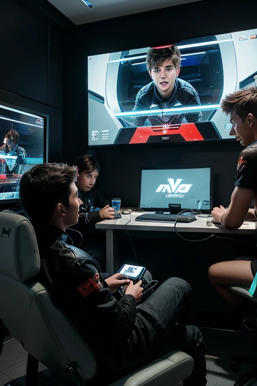 a futuristic gaming lounge with happy male teens holding consoles and discussing the game while looking at a screen, cartoon style