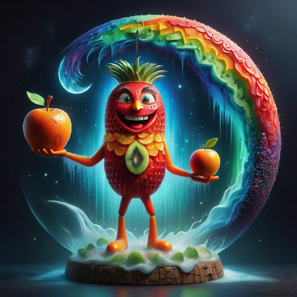 Imaginative depictions of characters made entirely of fruit pulp,The character is standing upright in a casual pose,Maybe one hand holding an apple,Body made of orange,watermelon,kiwi,Strawberries and other colorful fruit slices,A rainbow-like mosaic effect,The face is detailed and expressive,Elegantly shaped with tangerine peel and blueberry eyes,(The background depicts a convenience store at midnight:1.8),(Bathed in the grey fog of the quiet night), (master level:1.2), Super details, Realistic, (Photorealism:1.3), first-person view, UHD, masterpiece, ccurate, anatomically correct, super detail, best quality, 8k