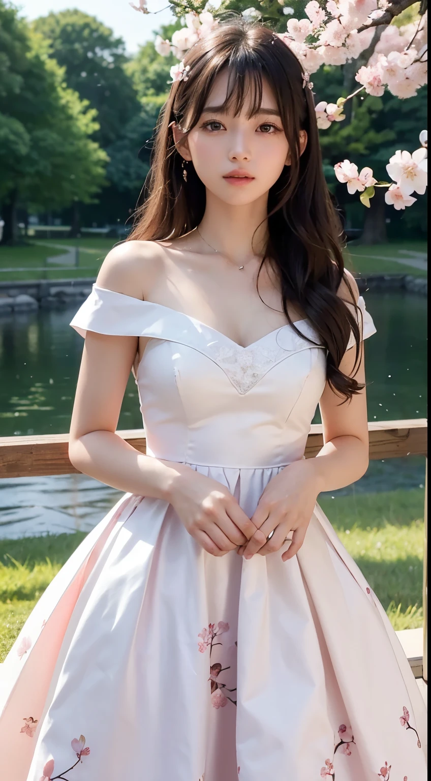 (logo、masterpiece、8K、table top、Raw photo、wonderful、最high quality、フォトリアリスティックでvery detailedな CG 統合 8k 壁紙、high quality、very detailed、Narrative poem、particle effects、dynamic effects、written boundary depth、cinematic light、Lens flare、ray tracing)、fantasy、 (1 beautiful woman、dress、dress、Cherry blossom pattern、black haired、beautiful face、real face、beautiful details eyes beautiful skin)、髪がWindで踊る、Hair flutters in Wind、hair bounces、Pink cherry blossom tree、petals dance、SakuraFubuki、wonderful景色、sunrise、Sun in the background、Wind、