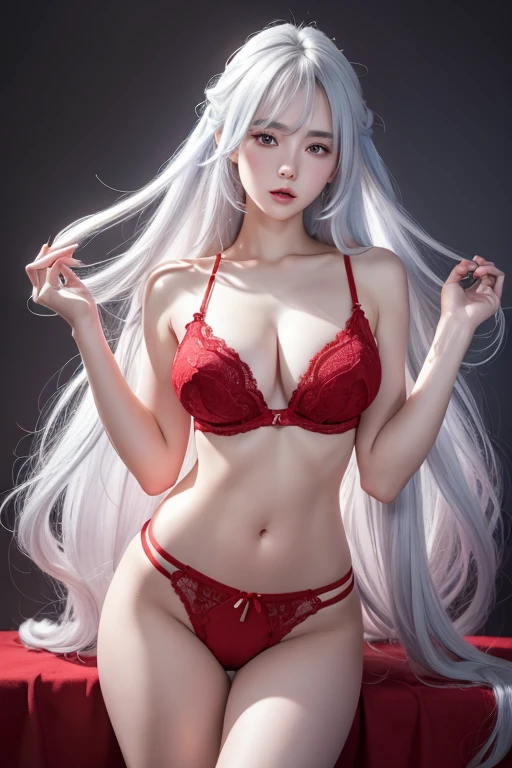 anime style、white skin、white hair、long hair、Hair with blue highlights、look up、The largest and most prominent、Colorful gas expression、seductive big breasts、woman、High-frequency detail (((sharpness))) 、( (sharp focus: 1.2))、puerosface_V1: 0.7)、(8K、highest quality)、Very large chest light)))、beautiful lighting、highly detailed face、well drawn hands、Well drawn legs、Well designed legs、exposed chest、(masterpiece: 1,2)、highest quality、masterpiece、High resolution、Original and highly detailed wallpaper、
information: red lingerie、超red lingerie、dressed in red