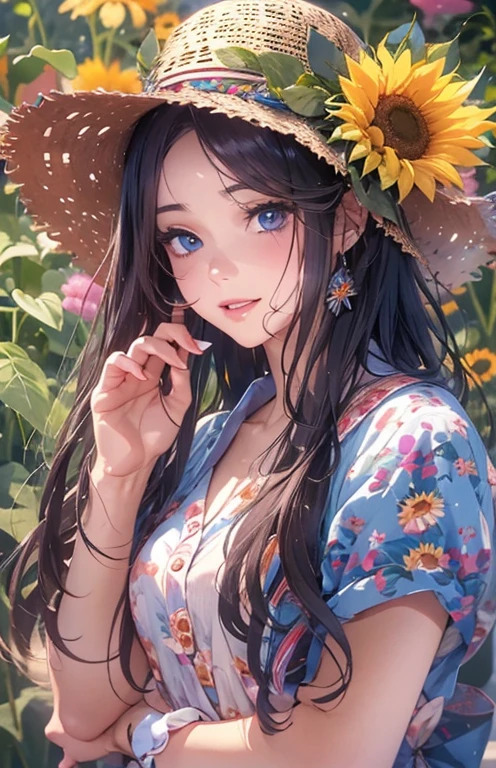 masterpiece、highest quality、High resolution、high quality images、8K, 1 female、skin luster、Texture of skin and clothing、Expression of fine eyes、Shiny black hair,Girl with long braided hair, Manga inspired by Lee Jong-suk, trending on deviantart, realism, Detailed manga style, Manga art style, Perfect Line Drawing, beautiful line drawing, digital manga art girl, K-POPアイドル, dress, beautiful blue eyes, plump lips, Detailed gorgeous face, (cute smile), charm, innocent, Side view, (perfectly detailed face), (fine hands) photorealistic images, Depth of written boundary, Princess hairstyle, sunflower, straw hat,one piece,wonderful flower garden,美しいsunflower,romanticism,