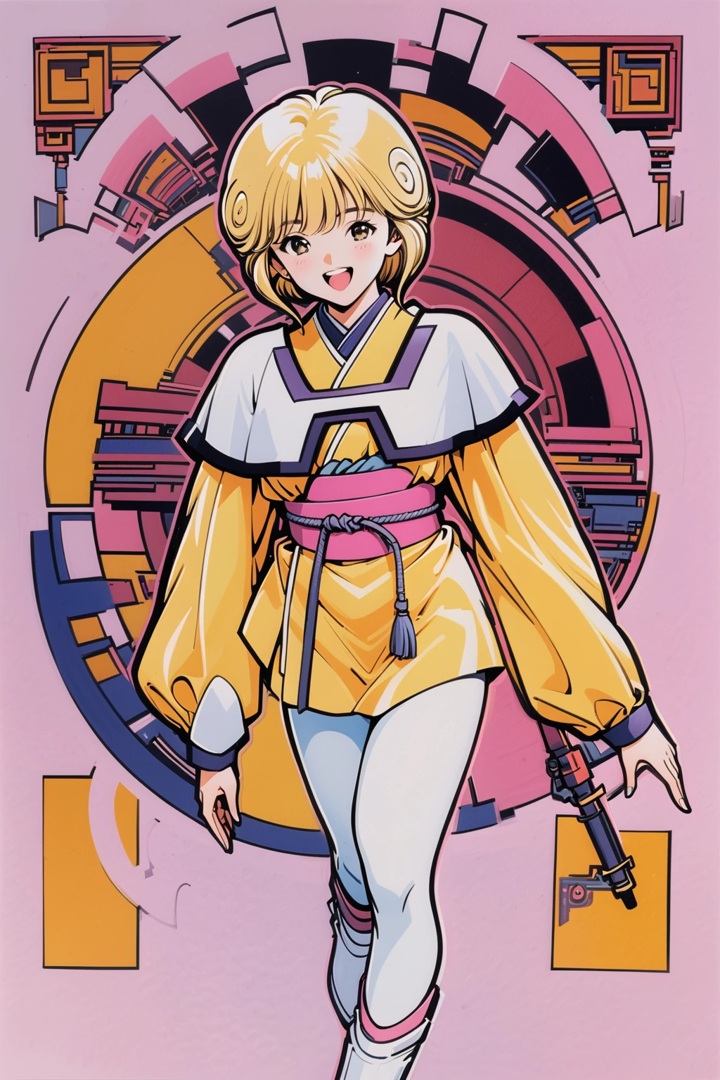 Ai Amano,alone,1 girl,full body,short hair,brown eyes,white shoes,smile,open your mouth,boots,looking at the viewer,long sleeve,blonde hair,Are standing,Yellow short kimono, white pantyhose, white capelet, pink obi, pink ribbon,traditional media,