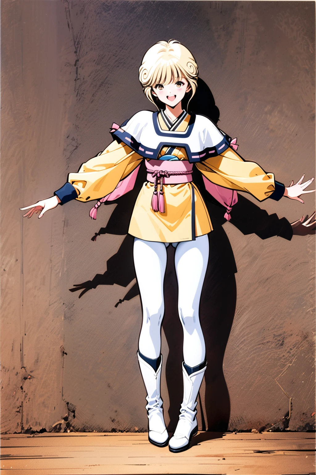 Ai Amano,alone,1 girl,full body,short hair,brown eyes,white shoes,smile,open your mouth,boots,looking at the viewer,long sleeve,blonde hair,Are standing,Yellow short kimono, white pantyhose, white capelet, pink obi, pink ribbon,traditional media,