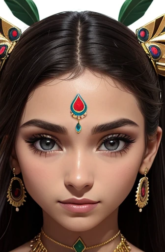 Crie uma imagem de uma jovem, aproximadamente 27 anos, apresentado como uma entidade superior ou deusa de uma cultura tribal. O foco deve estar no rosto, em close-up, captured at a specific oblique angle. Ela tem vermelho claro, Medium length, Cabelo levemente cacheado, adorned with delicate tribal-style tattoos that stretch across her face and neck. Furthermore, ela deve ser adornada com adornos tribais, como colares, brincos ou coroas, highlighting your divine position. Suas sobrancelhas devem ser bem modeladas, e seus olhos deveriam ser amendoados, marrom claro, expressive and medium-sized. His nose is delicate and slightly riveted, com narinas discretas. Her lips are pink and slightly fleshy, mostrando um sorriso gentil e acolhedor, com um brilho sutil nos dentes. Your skin is clear and luminous, with an impeccable, tez naturalmente radiante. The expression on your face is majestic and confident, conveying a sense of power and wisdom, com um olhar direto e envolvente. Certifique-se de que a imagem gerada capture toda a sua divindade e personalidade cativante, com detalhes precisos e realistas em sua fisionomia, facial expression and tribal adornments."