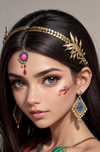 Crie uma imagem de uma jovem, aproximadamente 27 anos, apresentado como uma entidade superior ou deusa de uma cultura tribal. O foco deve estar no rosto, em close-up, captured at a specific oblique angle. Ela tem vermelho claro, Medium length, Cabelo levemente cacheado, adorned with delicate tribal-style tattoos that stretch across her face and neck. Furthermore, ela deve ser adornada com adornos tribais, como colares, brincos ou coroas, highlighting your divine position. Suas sobrancelhas devem ser bem modeladas, e seus olhos deveriam ser amendoados, marrom claro, expressive and medium-sized. His nose is delicate and slightly riveted, com narinas discretas. Her lips are pink and slightly fleshy, mostrando um sorriso gentil e acolhedor, com um brilho sutil nos dentes. Your skin is clear and luminous, with an impeccable, tez naturalmente radiante. The expression on your face is majestic and confident, conveying a sense of power and wisdom, com um olhar direto e envolvente. Certifique-se de que a imagem gerada capture toda a sua divindade e personalidade cativante, com detalhes precisos e realistas em sua fisionomia, facial expression and tribal adornments."