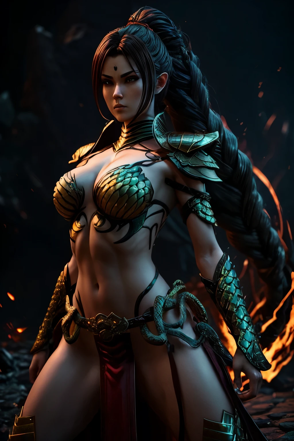 Beautiful snake warrior Female, Fair Skin, scale armor, scale loincloth, on a snake temple, amazing beautiful athletic toned body, Beautiful D&D Character Portrait, Ominous, Dark Fantasy, Detailed, Fiverr Dnd Character, Octane Render, Digital Art, Extreme Detail, 4k, Ultra Hd, Polished, Beautiful, Hyperdetailed, Intricate, Elaborate, Meticulous, Anime Character, Detailed, Sharp Focus, Wlop, Character Design, Unreal Engine, 3d Rendered, Volumetric Lighting, Reflections, Glossy, Digital Illustration,Unreal Engine, 3d Rendered, Volumetric Lighting, Reflections, Glossy, Digital Illustration, Sensual Pose, Suggestive Pose, Full Body Shot, anatomically correct 💖❤💕💋❣