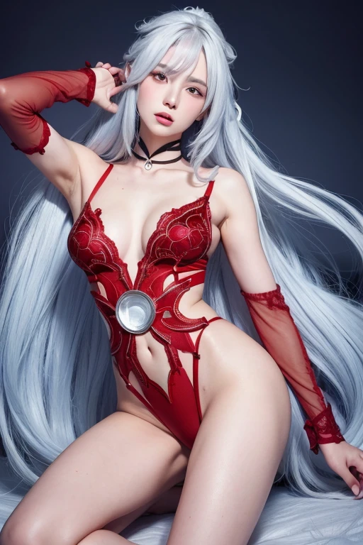 anime style、white skin、white hair、long hair、Hair with blue highlights、look up、The largest and most prominent、Colorful gas expression、seductive big breasts、woman、High-frequency detail (((sharpness))) 、( (sharp focus: 1.2))、puerosface_V1: 0.7)、(8K、highest quality)、Very large chest light)))、beautiful lighting、highly detailed face、well drawn hands、Well drawn legs、Well designed legs、exposed chest、(masterpiece: 1,2)、highest quality、masterpiece、High resolution、Original and highly detailed wallpaper、
information: red lingerie、Super Red Lingerie、dressed in red、A challenging look
