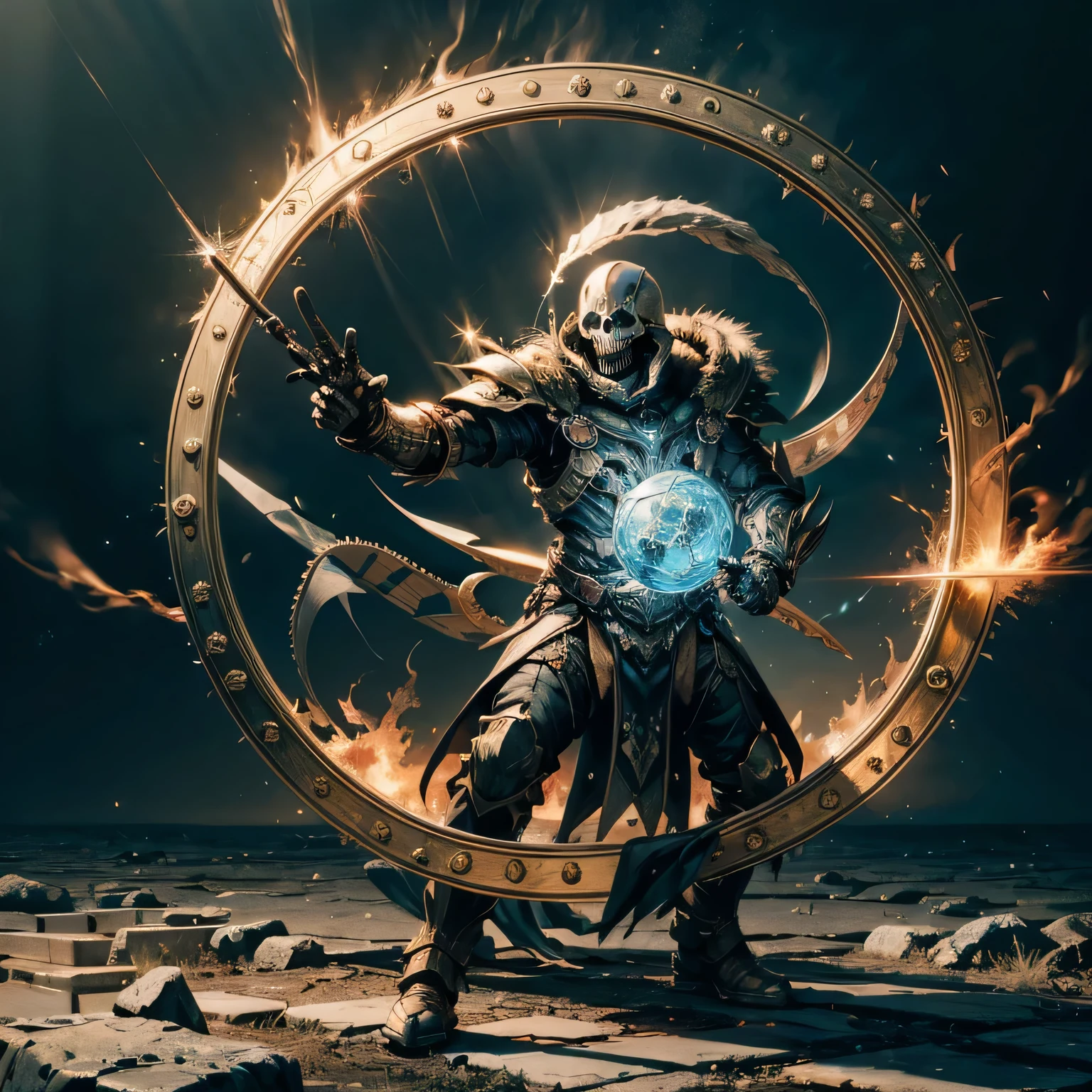 a dark runic skeleton lich, esqueleto de ouro negro, magical energy of the void, olhos brilhantes, death lightning, ball of death energy floating in hand, casting a spell, quebra de energia, bone hand, vestido com um manto luxuoso, floating astral skulls, terra e rocha flutuando com energia enquanto o lich segura, detalhado glowing runic line floating around, bones and skulls are on the floor, energia roxa escura, Flutuando no ar, energy chain, magic circle on the floor,,detalhado,realista,Arte digital altamente detalhada em 4k,octane rendering, bioluminescent, Concept art in 8k resolution, realismo,by Mappa studios,obra de arte,Melhor qualidade,arte oficial,illustration,linha clara,(legal_cor),Perfect composition,absurdos, Fantasia,Focado,regra do terceiro, Obra-prima ultra UnrealEngine5 caminho profundo equirretangular_Global Luminescence 360 Volumetric Saturated Cinematic_solar lightning_contrast Perfect composition meticulously intricate ultra_ultra detalhes_max ultra de alta qualidade_ultra high definition_Ultra ideal fotorrealista_high-res cgi vfx sfx accurate reflex vivid cor-coded improved Octane-rendered UHD XT3 DSLR HDR romm rgb pbr 3dcg fxaa blay enhanced fkaa txaa rtx ssao opengl-shader glsl-shader post-processing post-production cell-shading tone-mapping shadow analogique ultra_sharpness symmetrical focus varied multi etc. --v 6 --s 1000 --c 20 --q 20 --caos 100