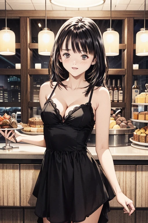 (8K、top-quality、masterpiece:1.2)、(realisitic、ultra-detailliert、超A high resolution、1 girl、see the beholder、beautifull detailed face, Looking at Viewer,layered hair,long black hair,full-face blush、Constriction、(Slim waist) :1.3)、cleavage、Beautiful detailed skin、Skin Texture、Floating hair、Professional Lighting、in (standing) buffet party,(Whole human body:1.0),long shot,evening dress,heavy drunk,wearing random colar