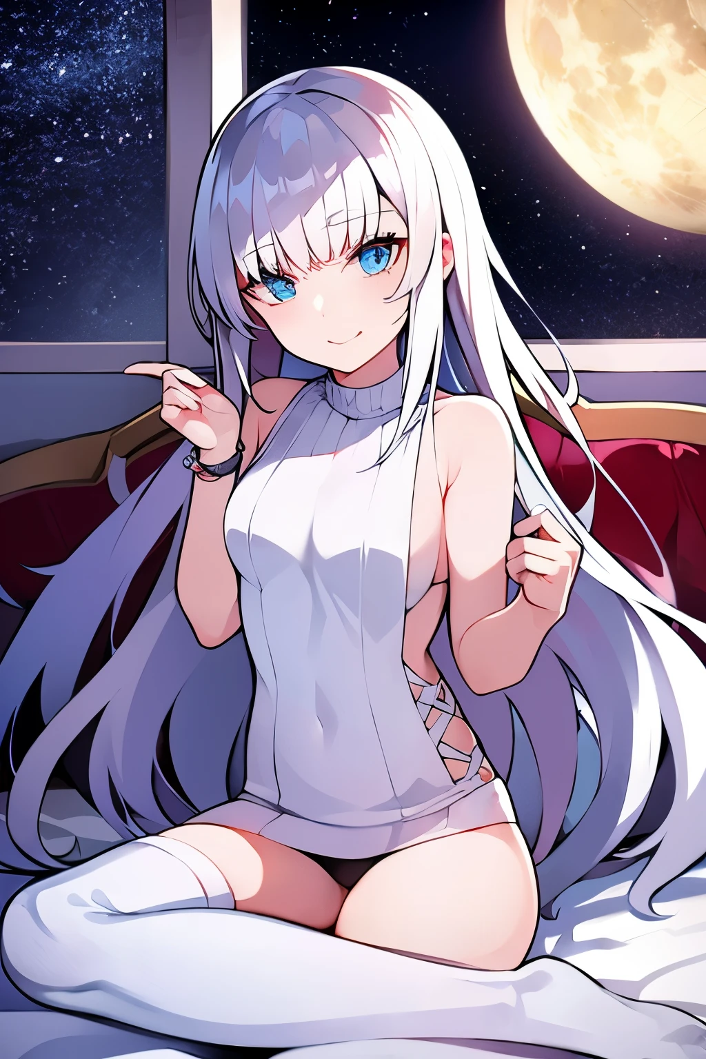 long White hair, blue eyes, 16 years, inocent Russian girl, wearing a long sweater, sleepy face, Spread armpit, in the bed,facing the window with the moon and stars shining