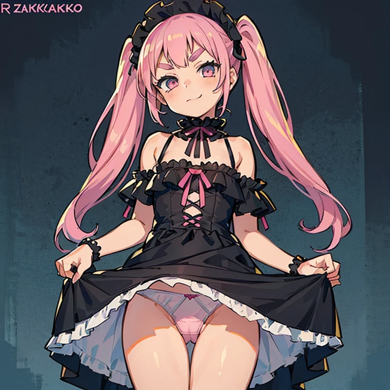 Girl with pink hair, long twin-tail hairstyle, ((small pink bushy eyebrows)), dressed in gothic lolita clothing, lolicon (Zankuro) drawing style by zankuro artist, Zancro style, image uploaded to R34, flirty smile, lifting her dress to show her wide and naked hips, underwear in her hands, with a question expression