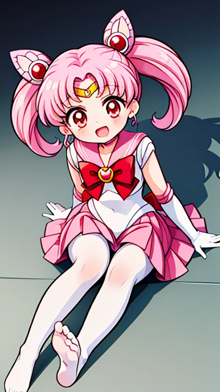 Sailor Moon，childhood，Young，Seven years old，Cute little loli，Pink hair twintails，red eyes，short hair，Sailor suit，bow tie，White elbow gloves，Red Skirt，lying down，Lift your legs，no shoes，Open your mouth，laughing out loud，white pantyhose