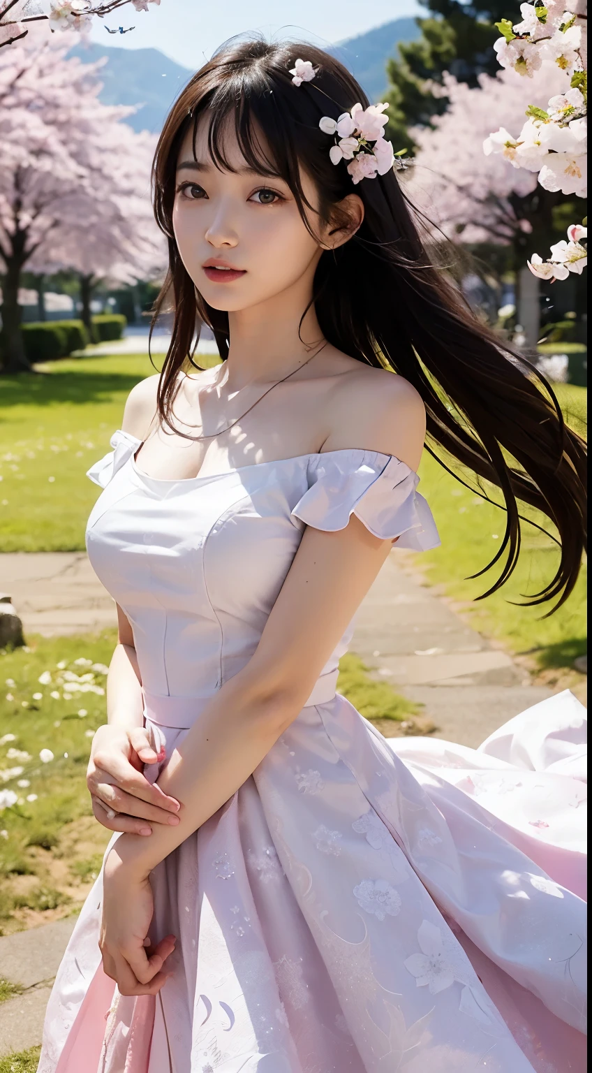(logo、masterpiece、8K、table top、Raw photo、wonderful、最high quality、フォトリアリスティックでvery detailedな CG 統合 8k 壁紙、high quality、very detailed、Narrative poem、particle effects、dynamic effects、written boundary depth、cinematic light、Lens flare、ray tracing)、fantasy、 (1 beautiful woman、dress、dress、Cherry blossom pattern、black haired、beautiful face、real face、beautiful details eyes beautiful skin)、髪がWindで踊る、Hair flutters in Wind、hair bounces、Pink cherry blossom tree、petals dance、SakuraFubuki、wonderful景色、sunrise、Sun in the background、Wind、