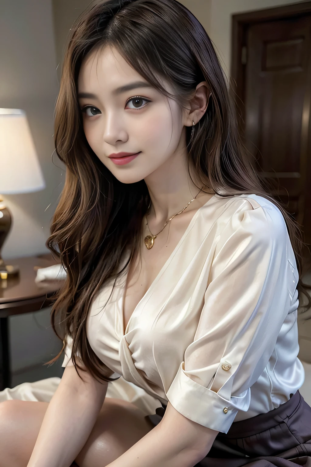 table top, highest quality, realistic, Super detailed, finely, High resolution, 8k wallpaper, 1 beautiful woman,, sharp focus, perfect dynamic composition, beautiful and detailed eyes, thin hair, Detailed realistic skin texture, smile, close-up portrait, model body shape、president&#39;secretary、mini skirt、high heels、whole body、suit,((brown semi-long hair:1.2))((A wave that curves gently inwards:1.2)),((gold necklace＿big earrings:1.2)),((shy smile:1.3)),((Blouse and skirt, Wearing a white silk blouse,Please wear a white shirt and a dark purple skirt.:1.3)), 、whole bodyショット、((Standing whole body figure supermodel, whole bodyがフレーム内に収まる))、in a luxurious room、