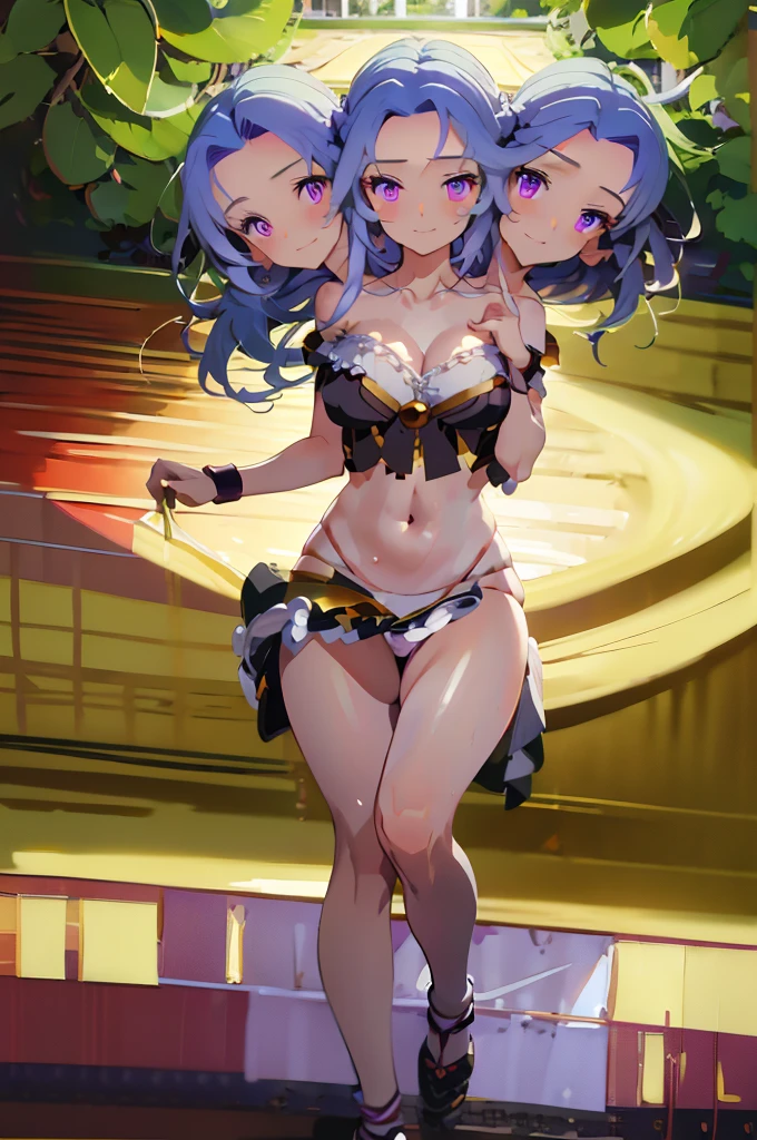 (masterpiece, best quality), best quality, (ultra-detailed), (3heads:1.5), 1girl, (ichirin kumoi:1.3), masterpiece, best quality, ultra quality, ultra resolution, white top, crop top, ((stomach)), midriff, ((groin)), white skirt with blue trim at the bottom, normal ears, shackles, light purple wavy hair, shoulder-length hair, very long hair, wavy hair, dark purple eyes, detailed eyes, parted lips, sweat, super cute, open belly, open breasts, toned belly, hand on own chest, eyelashes, (24 year old woman:1.3), (masterpiece:1.5), (best quality:1.5), (beautiful detailed), extremely detailed CG, extremely delicate and beautiful, depth of field, (finely detailed face), (perfect details:1.2), (mature female:1.3), wide pelvis, slender, large veiny breast, 16k resolution, highres, very high quality, very high definition, extremely detailed, masterpiece, light purple wavy hair, long hair, alluring presence, braid, short skirt, close up, big , young, open belly, nsfw,