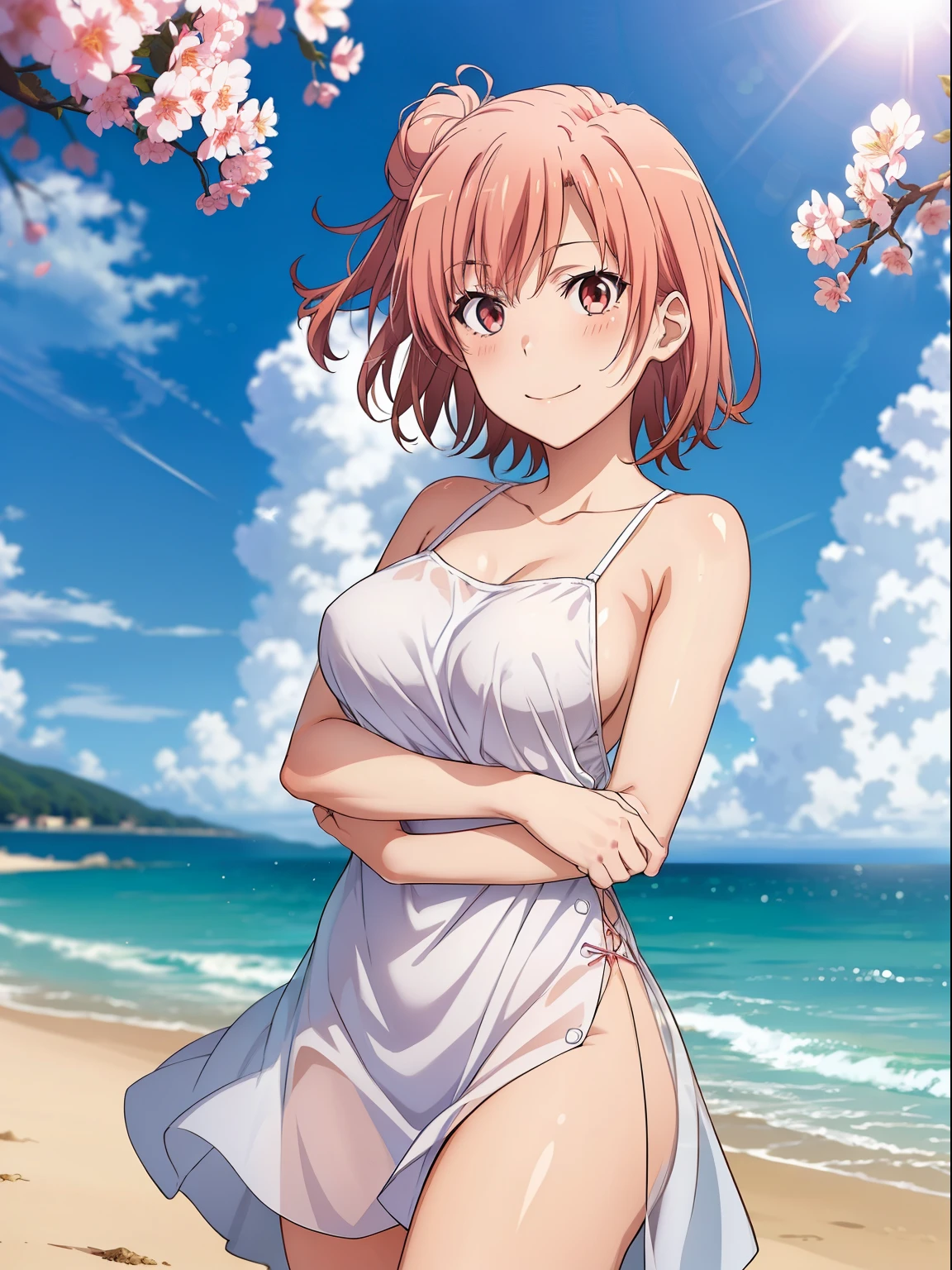 ((masutepiece, Best Quality, hight resolution, nffsw, Perfect Pixel, depth of fields, 4K, )), 1girl in, Solo, , Beautiful anime girl, Beautiful Art Style,
close up, Looking at Viewer,
Perfect body,
Yuigahama Yui, Short hair, pink hair, (large boob),
Full face blush, Smile,
thighs thighs thighs thighs,
White Dress,
Summer, Sunshine,
Leading Ahead, hugging, Cowboy Shot, Focus,