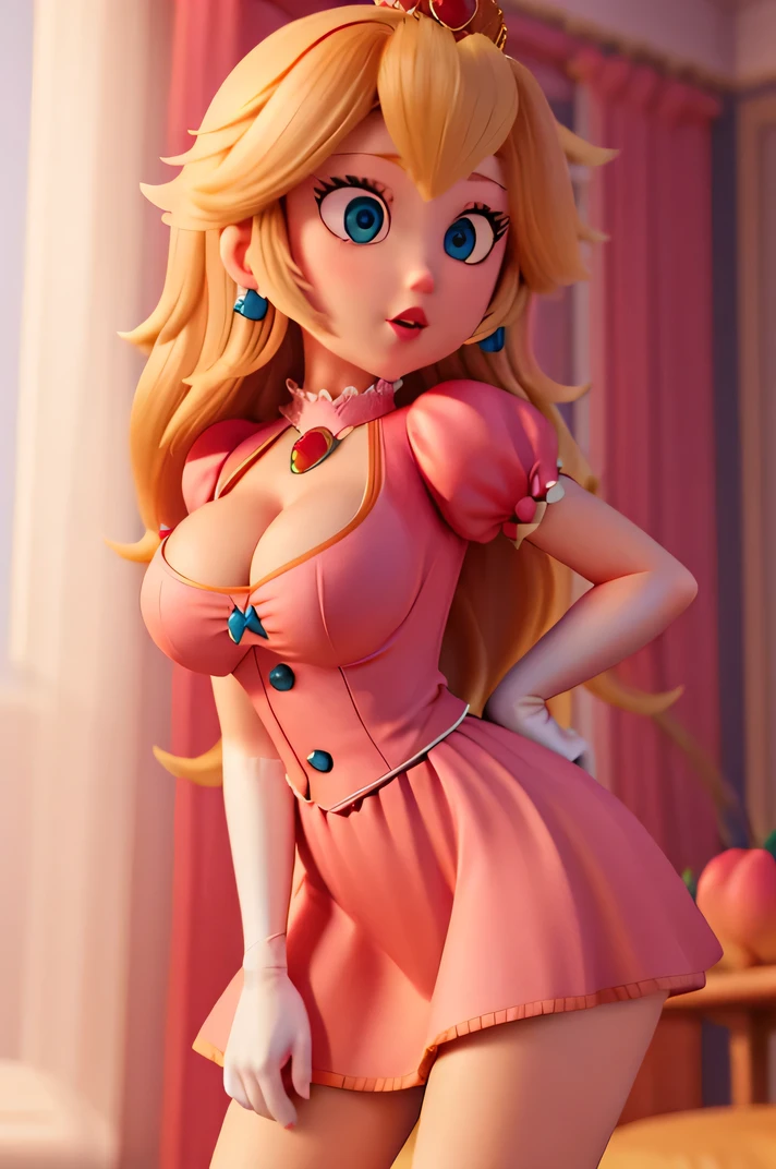 detailed textures in high quality,Prinzessin Peach,long sexy skirt, short top, big breasts, deep cleavage, peach clothes,