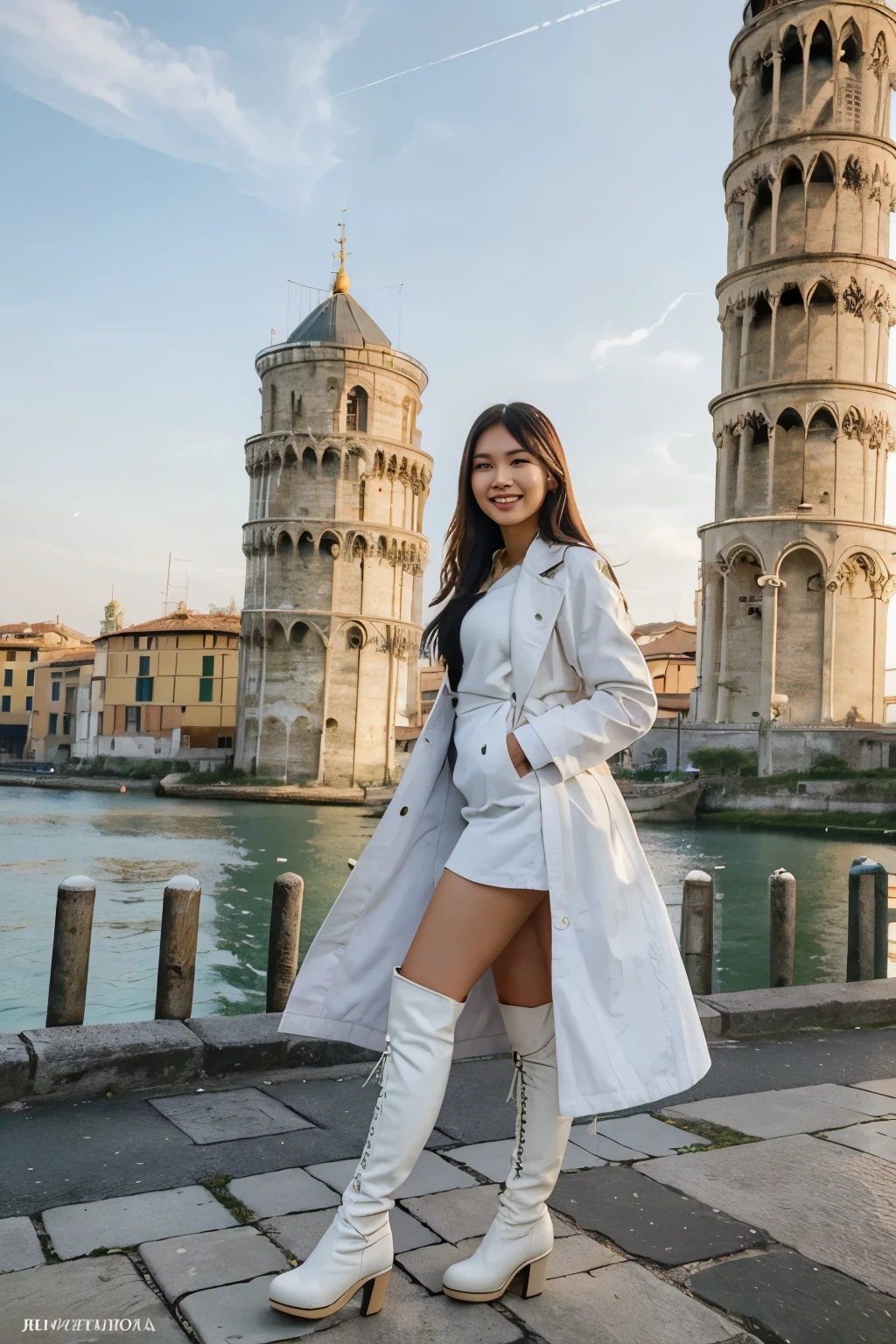 A beautiful 26 year old Indonesian woman smiles sweetly and gently wearing a white coat with high boots. standing close to the beautiful colorful italy tower of pisa. looks like a famous magazine cover girl. the background is a stylish Italian tower of pisa, brought in 2 0 2 0, profile photo, gemma chan, very artistic pose, photo taken on 2 0 2 0