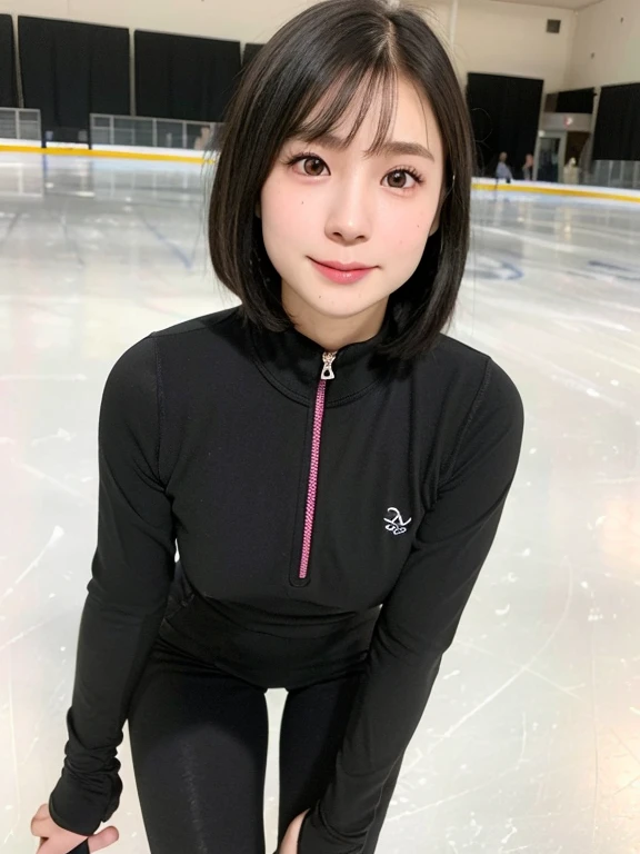(kawaii 24 year-old Japanese girl, Nogizaka idol, Korean idol), healthy female figure skater, athletic body, (glossy black hair, messy very short hair, messy pixie cut, symmetric hair length, even length hair edges:1.3), (bangs), (extra rounded face, black eyes, single eyelid, no makeup, soft smiling:1.2), (wearing long sleeved black training half zip tops, black sports leggings:1.3), (flat chest, extra small breasts:0.8), (thigh gap), (looking at viewer:1.2), BREAK, (figure skating at ice skate arena:1.3), (dynamic angle, close shot:1.3), BREAK, (masterpiece, best quality, photo realistic, official art:1.4), (UHD, 8K quality wallpaper, high resolution, raw photo, golden ratio:1.2), (shiny skin), professional lighting, physically based rendering, award winning, (perfect anatomy, highly detailed skin, extremely detailed face and eyes), Carl Zeiss 300 mm F/2.8, depth of field, 1girl, solo,
