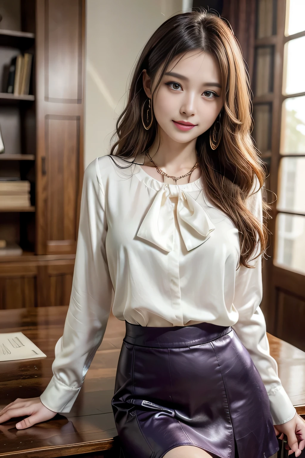 table top, highest quality, realistic, Super detailed, finely, High resolution, 8k wallpaper, 1 beautiful woman,, sharp focus, perfect dynamic composition, beautiful and detailed eyes, thin hair, Detailed realistic skin texture, smile, close-up portrait, model body shape、president'secretary、mini skirt、high heels、whole body、suit,((brown semi-long hair:1.2))((A wave that curves gently inwards:1.2)),((gold necklace_big earrings:1.2)),((shy smile:1.3)),((Blouse and skirt, Wearing a white silk blouse,Please wear a white shirt and a dark purple skirt.:1.3)), 、whole bodyショット、((Standing whole body figure supermodel, whole bodyがフレーム内に収まる))、in a luxurious room、