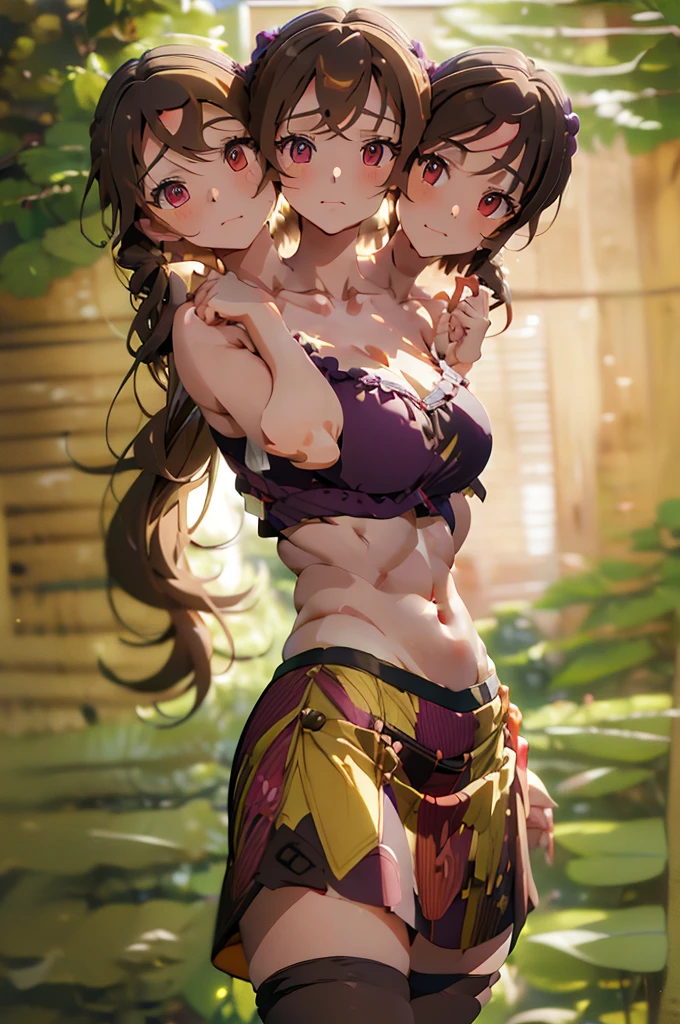 (masterpiece, best quality), best quality, (ultra-detailed), (3heads:1.5), 1girl, (hatate himekaidou:1.3), masterpiece, best quality, ultra quality, ultra resolution, ultra detail, pinkish top, with purple trim, crop top, ((stomach)), midriff, ((groin)), black/purple checker pattern skirt, normal ears, shackles, long brown hair, very long hair, wavy hair, pigtails, brown eyes, parted lips, detailed eyes, sweat, cute, toned belly, hand on own chest, eyelashes, (24 year old woman:1.3), (masterpiece:1.5), (best quality:1.5), (beautiful detailed), extremely detailed CG, extremely delicate and beautiful, depth of field, (finely detailed face), (perfect details:1.2), (mature female:1.3), wide pelvis, slender, large veiny breast, 16k resolution, highres, very high quality, very high definition, extremely detailed, masterpiece, brown hair, long hair, alluring presence, braid, short skirt, close up, big tits, young,