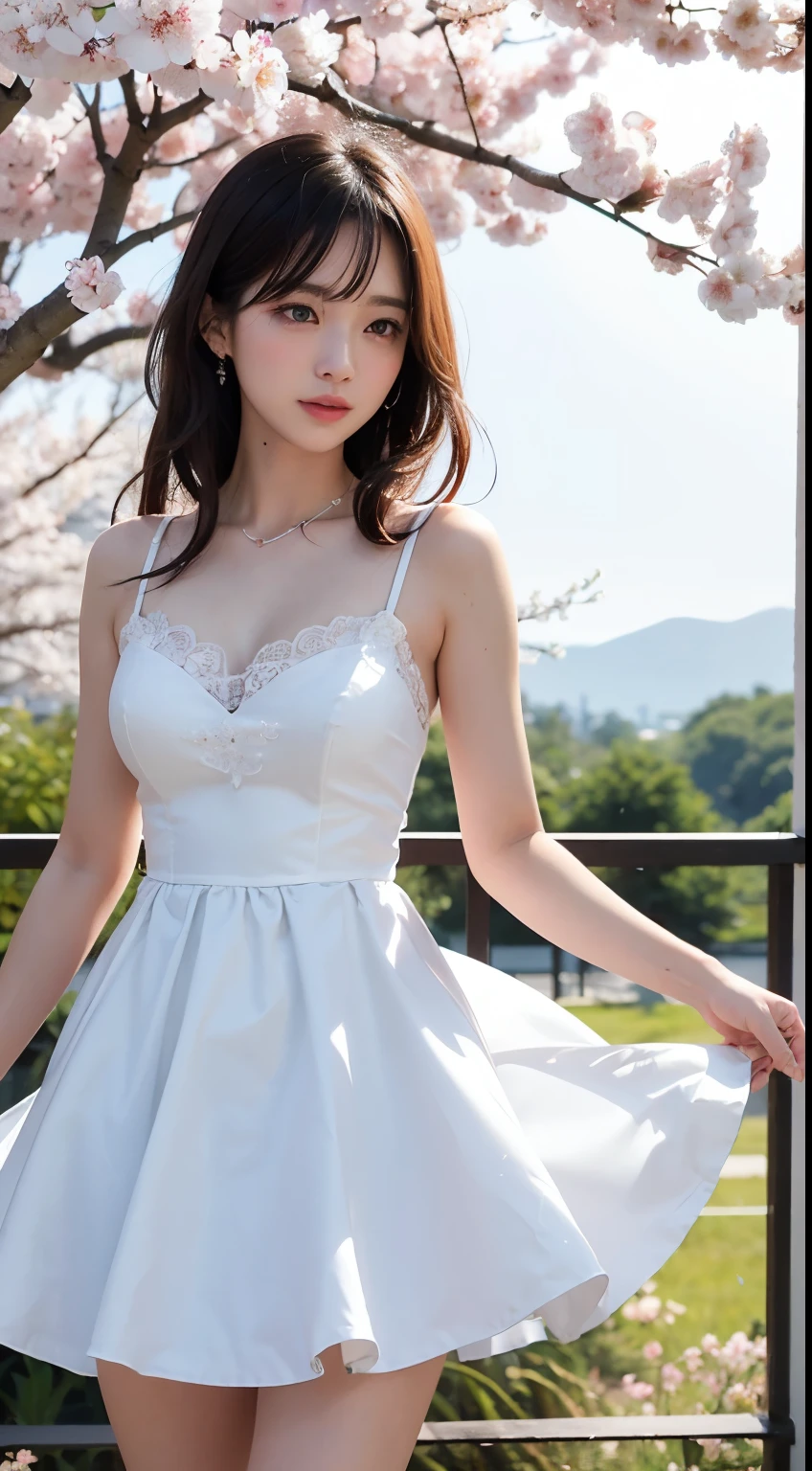 Photograph showing the whole body。(RAW Photos, highest quality), (Realistic, Photorealistic:1.3), Tabletop, Crying face, Very delicate and beautiful, Soft Light, (Brown Hair, Straight shoulder-length hair fluttering in the wind), Beautiful detailed girl, Highly detailed eyes and face, Beautiful and detailed nose, Fine and beautiful eyes, (Crying face：1.3)1 girl,Pure beauty, cute,, (Small breasts:1.2), Realistic face, Realistic body,Full body photo、Wearing a wedding dress。