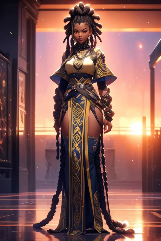 A full body ebony woman, ((standing:2)), (happyness look:0.8), (wearing battle outfit:1.1), (elaborated dreadlock hairstyle:1.5), (reflective eyes:0.9), (tribal tattoo:1.1), sunrise backgroud, sunray, hyper detailed, hyper realistic, look at the the viewer, 4k, wide depth of field, radiant mapping, high dynamic range, masterpiece,