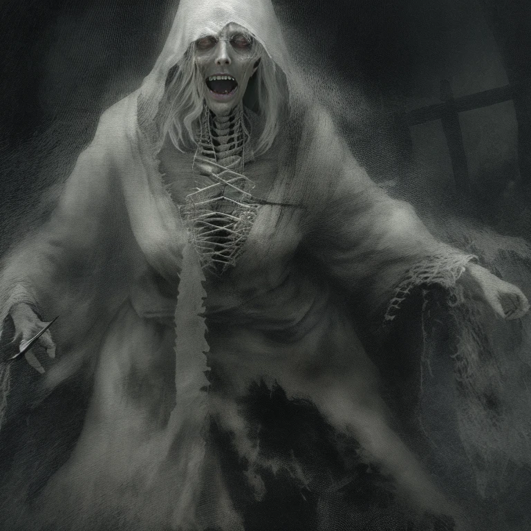 onimous, elderly woman, witchcraft, Face full of wrinkles, pale-skinned, dirty gray hair, scary ghost, Ghost in clothes, Dark Ghost, devil, Ghost woman, White dress, dentes pontiagudos, knife in hand, Torn clothes, old clothing, blank black eyes, white color hair, dentes pontiagudos, bone neck, Creepy face, Dark souls, dental needle, white skin skin, cervical vertebrae, Torn clothes, Old clothing, in rags with, Standing in the dark wearing black and white clothing, The skin is frighteningly white, The Reaper is a terrible man,  black hooded ghost,  dark souls concept art, dark souls character, torn fabric, Fragments of clothing, Ghost in torn robe, Girl with tattered clothes, whaite hair, white color hair, Long gray hair, Dead creepy face, Teeth are like needles, with her mouth open, Serrated knives, Sharp knife, With a knife in his hand, Phantom Knife