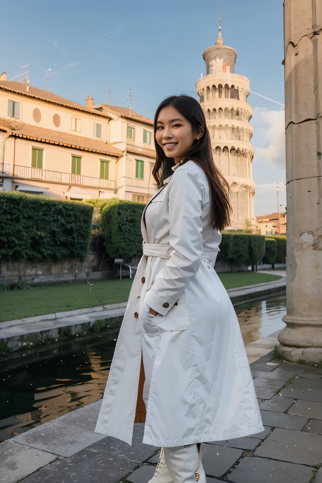 A beautiful 26 year old Indonesian woman smiles sweetly and gently wearing a white coat with high boots. standing close to the beautiful colorful italy tower of pisa. looks like a famous magazine cover girl. the background is a stylish Italian tower of pisa, brought in 2 0 2 0, profile photo, gemma chan, very artistic pose, photo taken on 2 0 2 0