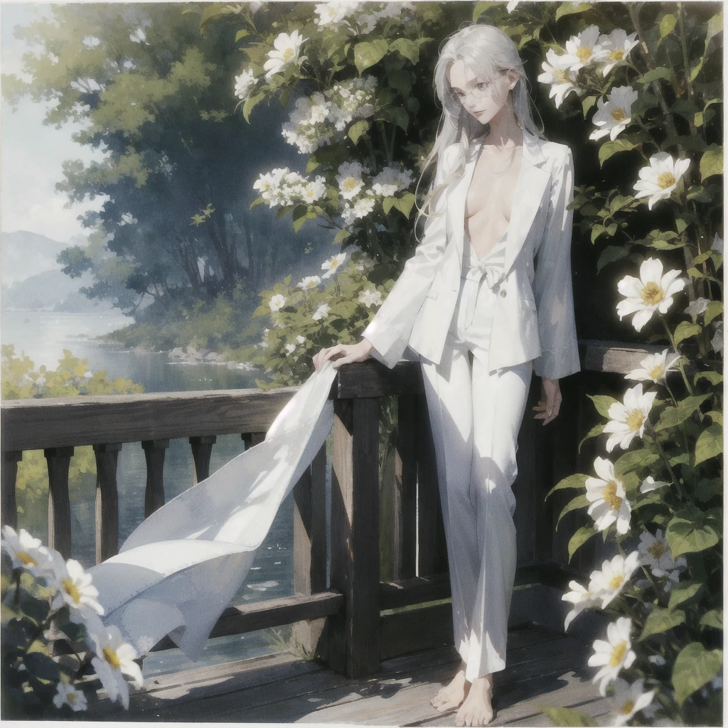 Exquisite slender gentle girl of 20 years old with a perfect very beautiful delicate face with straight blond silver hair (with purple eyes) naked with tender breasts in the rays of the rising sun (Barefoot) (in a white long skirt) (((with beautiful soft small naked breasts with pink naked nipples))) drinking on the veranda in the garden (Coffee) and looks at the flowers, in watercolor style, discreet light shades, Flares, imitation of film photography, against the sun, a lot of sun glare, light fills the frame