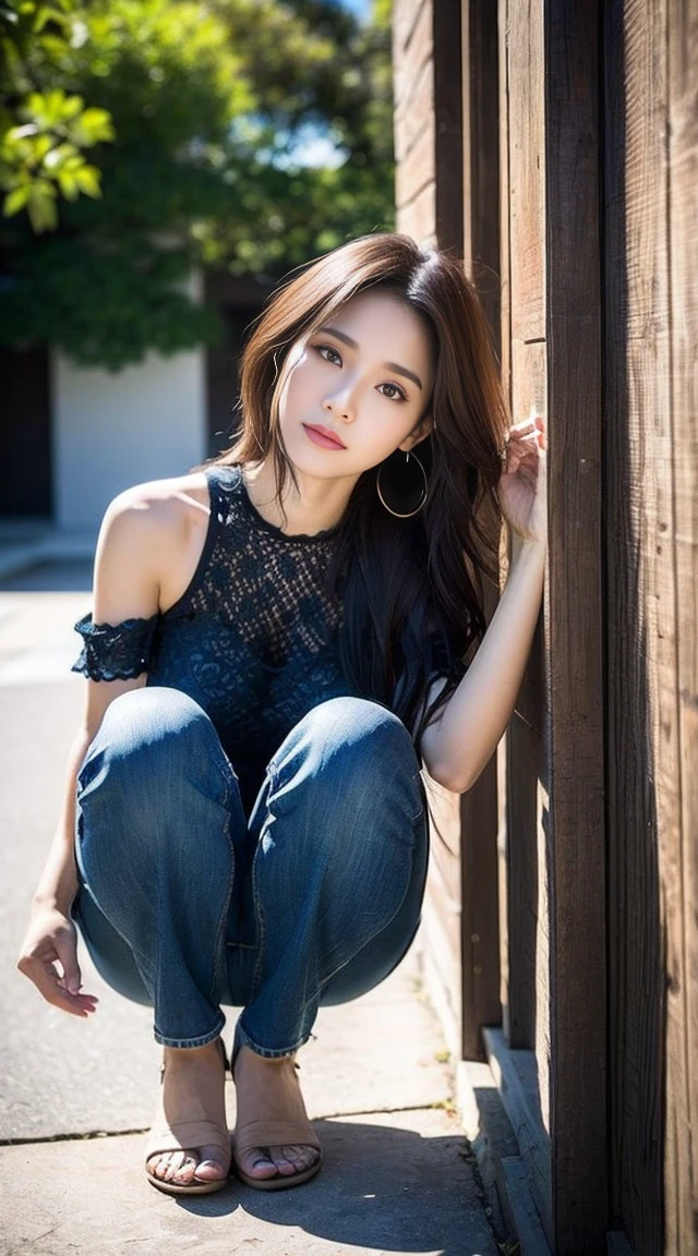 dark brown hair、light brown eyes、Japanese actress face、 lady、I&#39;I like him and I&#39;I&#39;I am about 40 years old.、(intricate details:1.2)、(which one is the top?:1.4)、 (ultra high resolution:1.2)、ultra high resolution、(finely tuned)、(detailed facial features)、nffsw、8K resolution、D cup size breasts、long hair、Enjoy the sun and shade in Los Angeles、relax、、,full body photo、head to toe shot、beautiful feet、race　body suit、denim pants、Blackpink Jenny　I took this photo with the image of、beautiful feet、she, center of fashion, extreme details, very detailed, realistic, hourglass body, obscene pose,leaning against the wall、Place your head against the wall and raise your chin slightly.......、Poses that make you feel weak、Are crying、Deep sorrow、Eyes and cheeks wet with tears、
