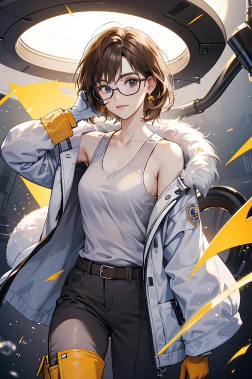 Pam has long light brown hair. Like all the other dome scientists, she wears a white lab coat and yellow gloves. She also additionally wears glasses, grey pants, a black belt, and tall black boots. When she takes off her lab coat, she wears a white tank top. SPARKLE; GLITTER