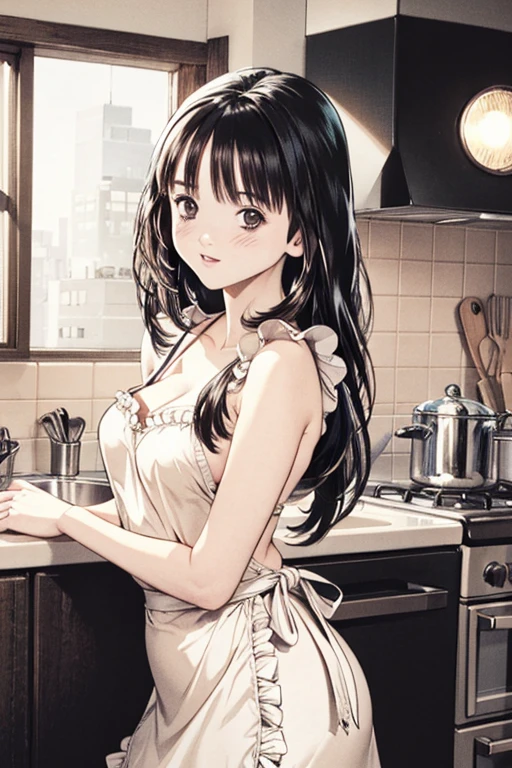 (8K、top-quality、masterpiece:1.2)、(realisitic、ultra-detailliert、超A high resolution、1 girl、see the beholder、beautifull detailed face, Looking at Viewer,layered hair,long black hair,full-face blush、Constriction、(Slim waist) :1.3)、cleavage、Beautiful detailed skin、Skin Texture、Floating hair、Professional Lighting、in kitchen,(Whole human body:1.0),long shot,naked lace frill apron with open chest,raised eyebrow,wearing random colar