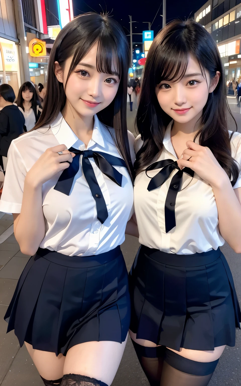 tight shirt、lure、lureのポーズ、sexy pose、erotic thighs、high angle shot、center view、Standing in the neon city at midnight、white short sleeve shirt、Two arafe Asian women wearing satin shimmy、upper grade:1.2、lureの表情:1.3、Medium chest、chest bulge、amazingly cute girl、japanese girl、Wearing a lace slip shimmy、surreal 、surreal 、 stop temporarily、Full body Esbian、nice skin、glowing skin、nice thighs、Glowing thick knee socks、Japanese high school 、Nogizaka Idol、(Japanese high schoolの)、please invite me inside、Inviting Eyes、white blouse、dark blue skirt、black stockings