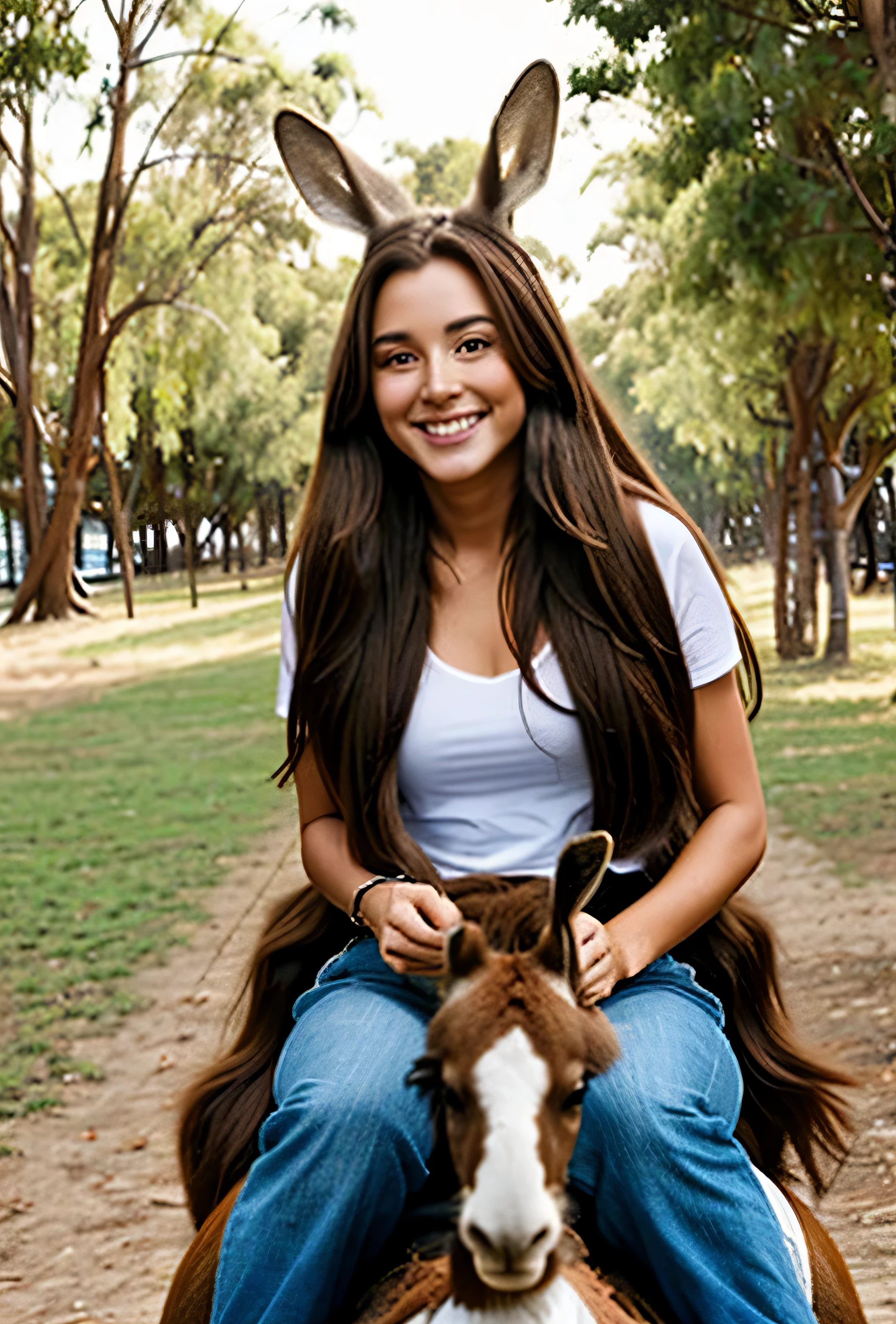 A beautiful young long-haired brown haired influencer riding a kangaroo