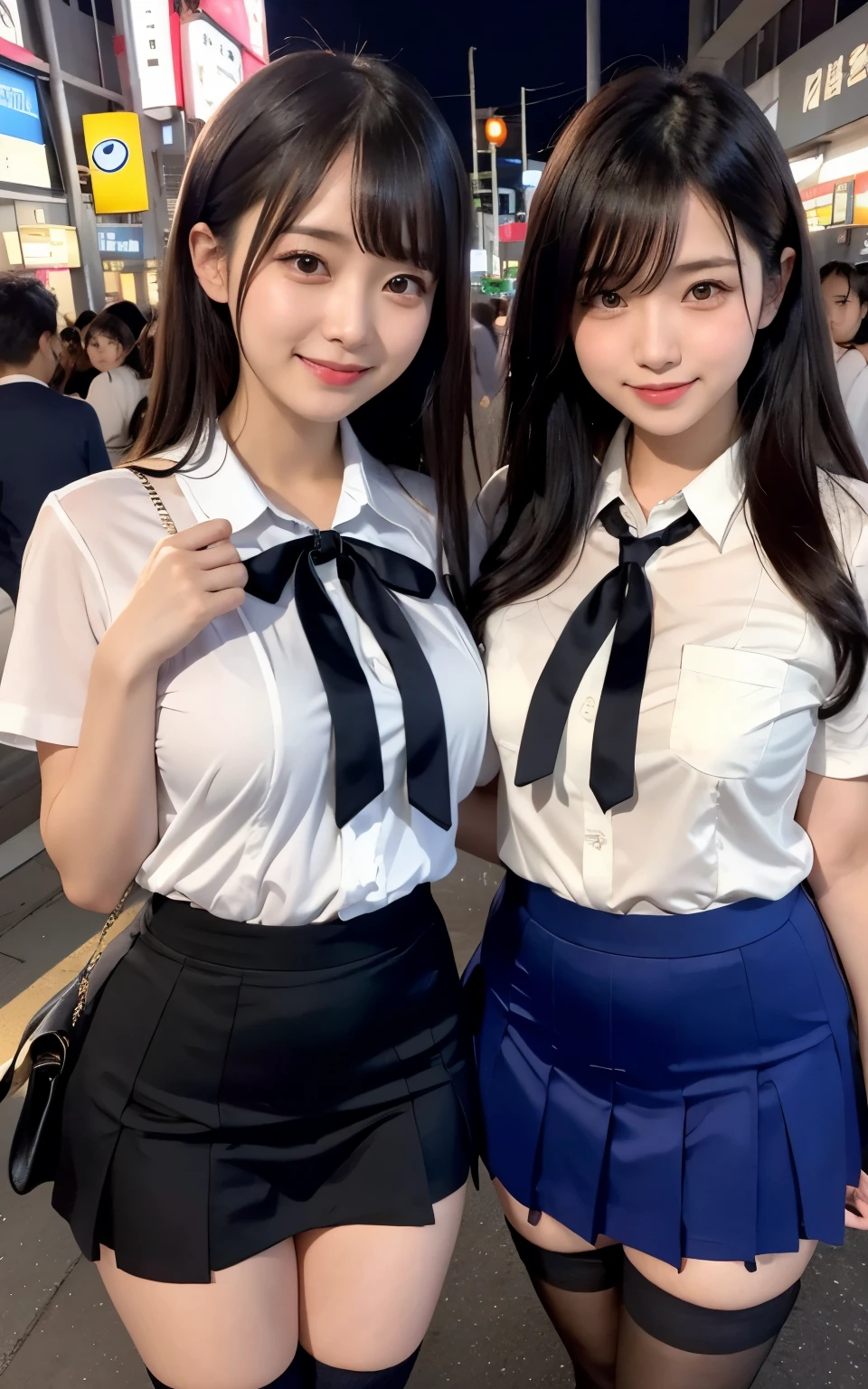 tight shirt、lure、lureのポーズ、sexy pose、erotic thighs、high angle shot、center view、Standing in the neon city at midnight、white short sleeve shirt、Two arafe Asian women wearing satin shimmy、upper grade:1.2、lureの表情:1.3、Medium chest、chest bulge、amazingly cute girl、japanese girl、Wearing a lace slip shimmy、surreal 、surreal 、 stop temporarily、Full body Esbian、nice skin、glowing skin、nice thighs、Glowing thick knee socks、Japanese high school 、Nogizaka Idol、(Japanese high schoolの)、please invite me inside、Inviting Eyes、white blouse、dark blue skirt、black stockings