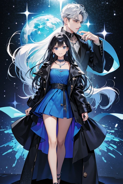 She wears a dark blue or black jacket over a light blue shirt with a long dark, blue skirt and black shoes. Rose also wears a pearl necklace, earrings and a wedding ring. SPARKLE; GLITTER