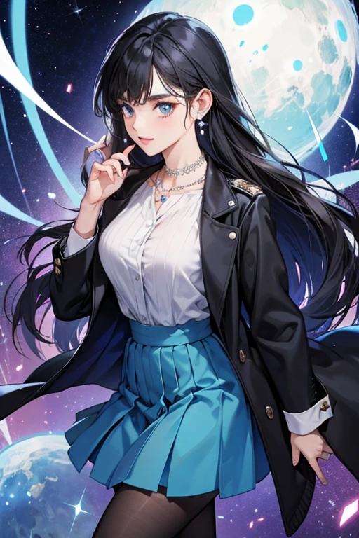 She wears a dark blue or black jacket over a light blue shirt with a long dark, blue skirt and black shoes. Rose also wears a pearl necklace, earrings and a wedding ring. SPARKLE; GLITTER