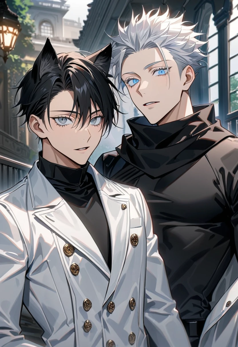 Ultra detailed, Highres, absurdres, HDR, Gojou Satoru with white cat ears, white hair, blue eyes, white eyelashes, black scarf, white long coat, black tight shirt, Jujutsu Kaisen, Yuya, black hair, silver eyes, handsome, mansion, 2 men together, gay couple,