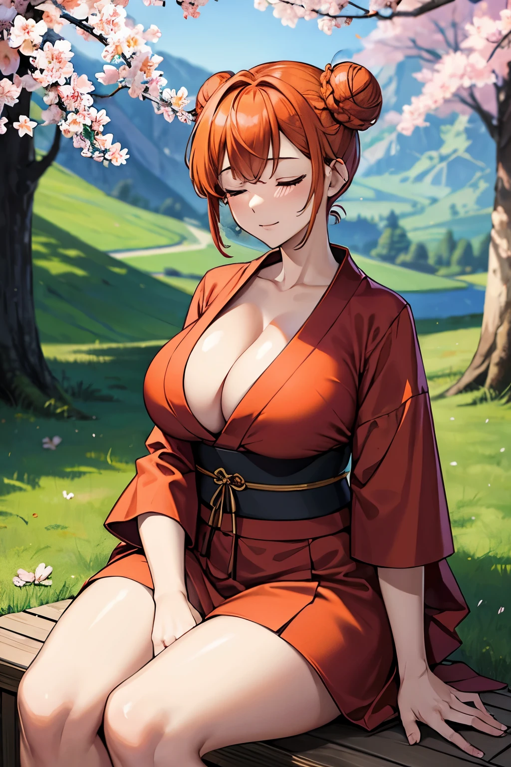 (masterpiece), best quality, closed eyes, perfect face, 1girl, 1boy, couple relaxing, (1girl, tomboy girl mature female with big breasts, short hair, cleavage, orange hair BREAK hair buns, double buns), (1boy, red hair and short hair, muscle man), relaxing, sitting on grass, outdoors, cherry blossom, (sakura forest, sakura blossom), kimono BREAK landscape, grass 