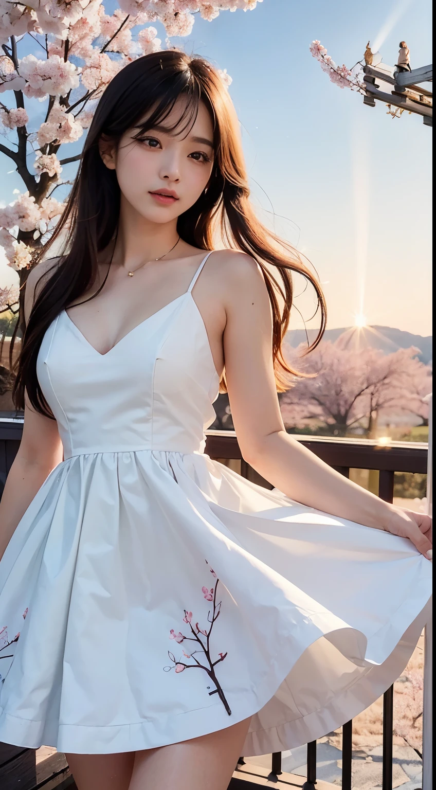 (logo、masterpiece、8K、table top、Raw photo、wonderful、最high quality、フォトリアリスティックでvery detailedな CG 統合 8k 壁紙、high quality、very detailed、Narrative poem、particle effects、dynamic effects、written boundary depth、cinematic light、Lens flare、ray tracing)、fantasy、 (1 beautiful woman、dress、dress、Cherry blossom pattern、black haired、beautiful face、real face、beautiful details eyes beautiful skin)、髪がWindで踊る、Hair flutters in Wind、hair bounces、Pink cherry blossom tree、petals dance、SakuraFubuki、wonderful景色、sunrise、Sun in the background、Wind、
