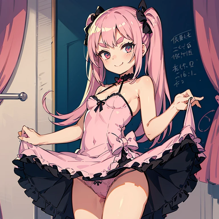 Girl with pink hair, long twin-tail hairstyle, ((small pink bushy eyebrows)), dressed in gothic ta clothing, loli(Zankuro) drawing style by zankuro artist, Zancro style, image uploaded to R34, flirty smile, lifting her dress to show her wide, naked hips, underwear in her hands, breasts out