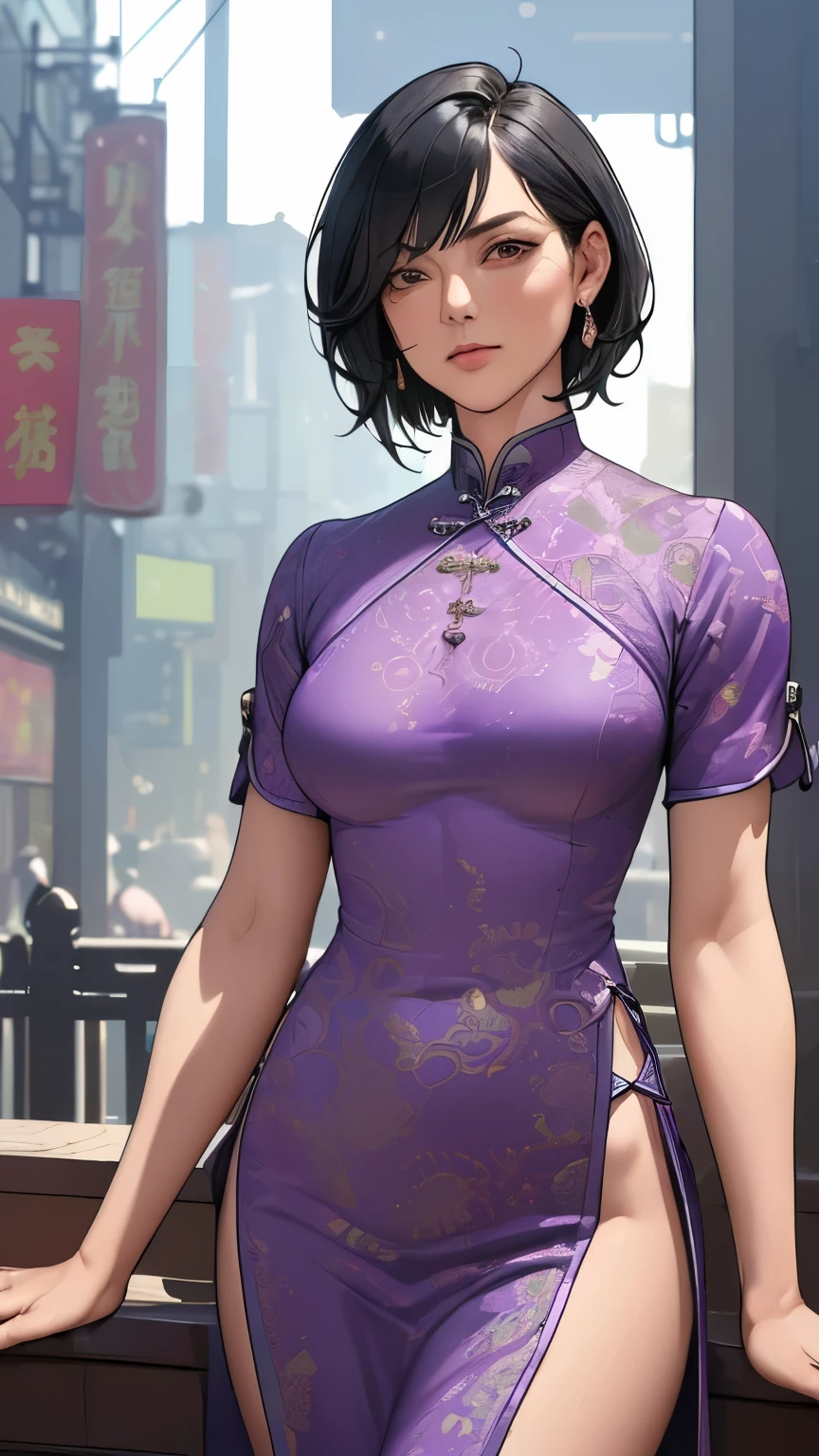 (masterpiece:1.3), (disorganized:1.3), (highest quality:1.3),(perfect anatomy:1.5),(detailed face), solo,1 middle age woman around 50 years old,(Steam Punk), (Victorian era),Hong kong,(Kowloon),horizontal angle,hands,((looking at viewer)), (Super detailed:1.3),(best shadow:0.7),saggy breast,(treated Black hair),curly bob cut,fine eyes, beautiful eyes, 1 mature woman, ((saggy small breast)),alone, standing, crystal earrings,closed_mouth, arm_behind_return,Purple Chinese dress,rest outdoors, intimidating pose,cowboy shot