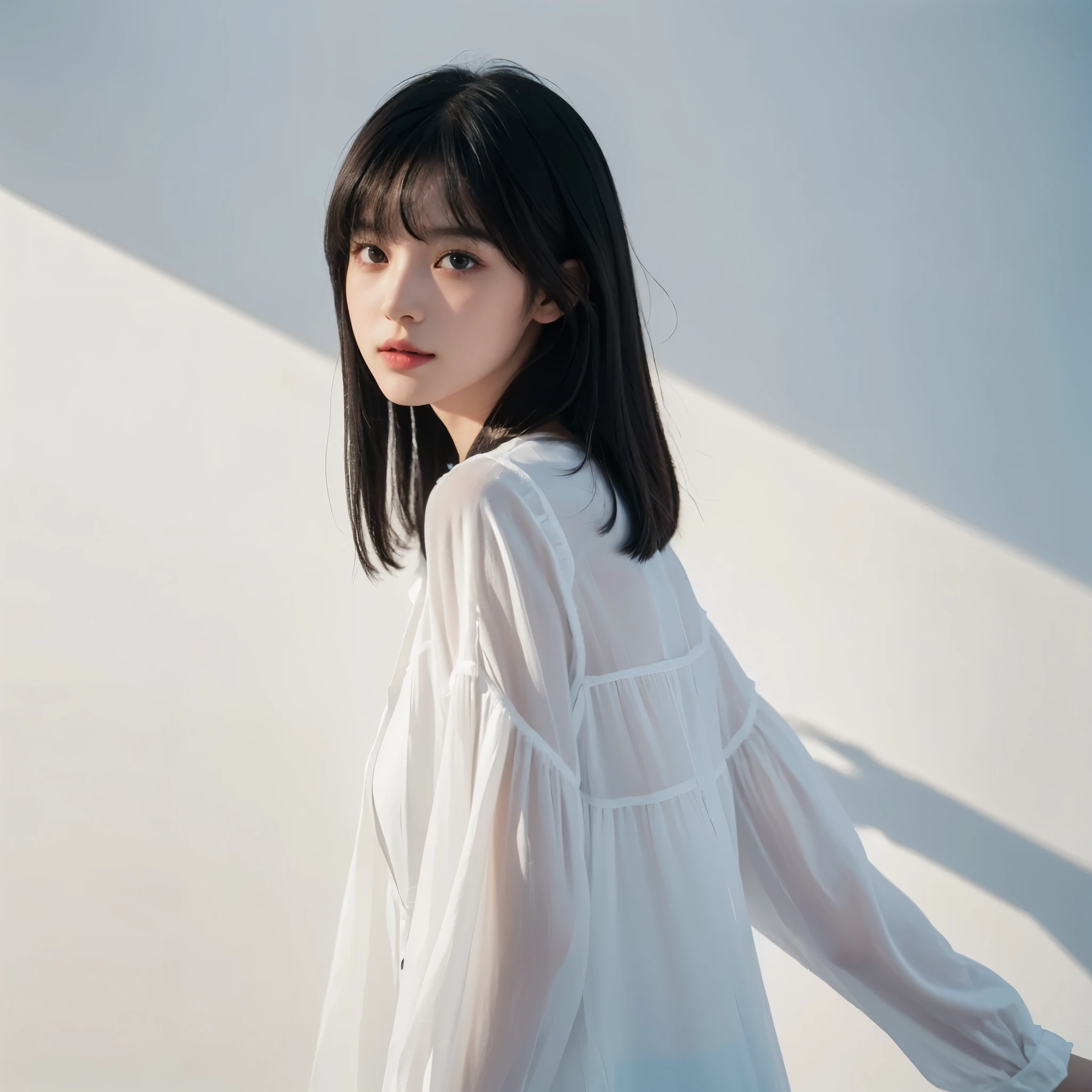 disorganized,8K, (It&#39;s photorealistic),(best quality:1.3), (ultra high resolution:1.3), Raw photo, On a white background、deep shadow､ photon mapping, 1 girl, Cure the face, black hair, medium hair, bangs, realistic skin texture, is fashionable