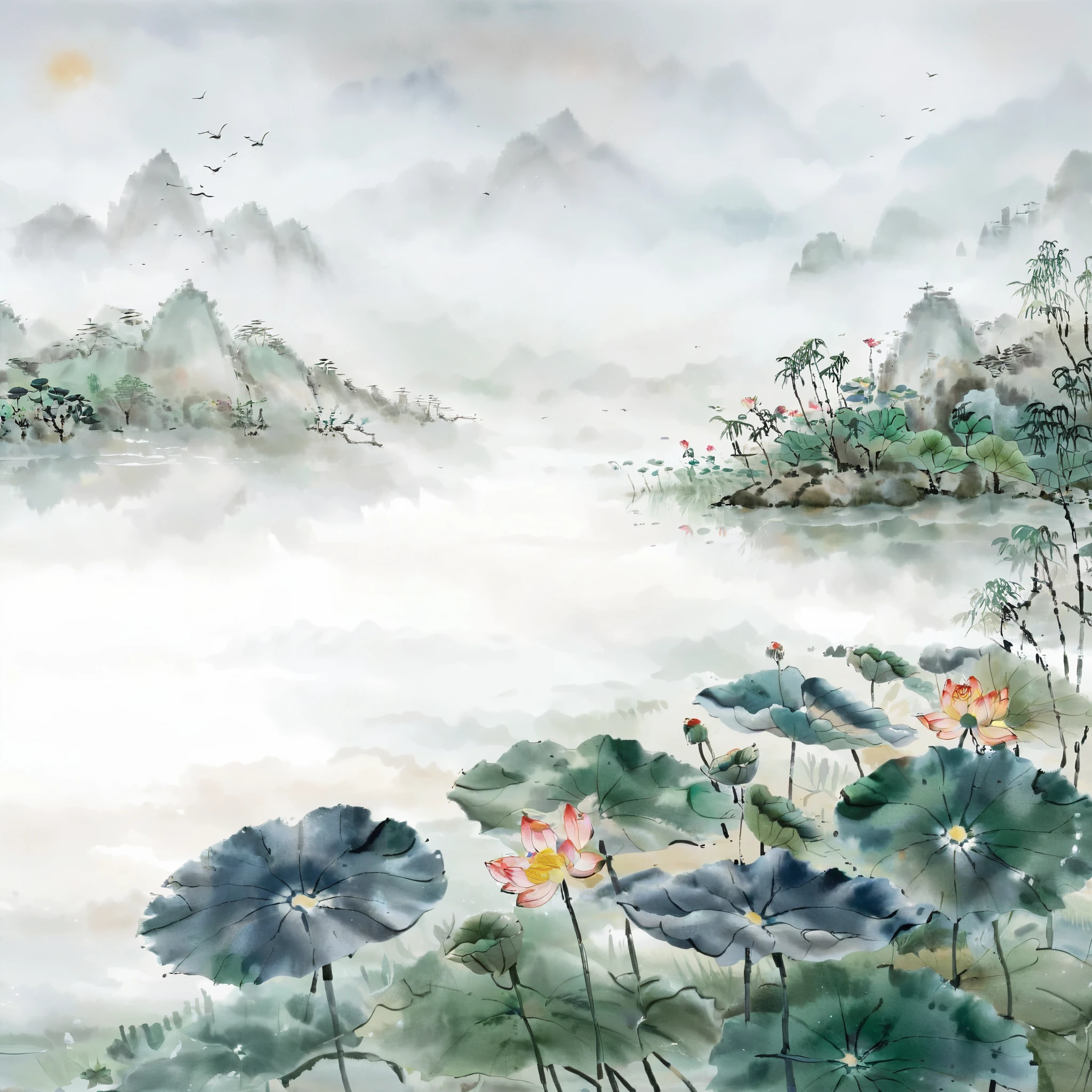 Ink painting, qi baishi, lake, pavilion, tower, lotus leaf, (lotus: 1.3), morning, sun, ink painting, traditional Chinese landscape painting, (large area blank, one-third composition: 1:3), official art , mountains of northern China, parchment watercolor ink painting, watercolor ink, ink, ink painting, ((simple)), simple, minimalist, beige gray, white background, fog, distant mountains, ink style, ink painting, rice paper texture, clean, none Text, fog, silence and ethereal, light white and light gray