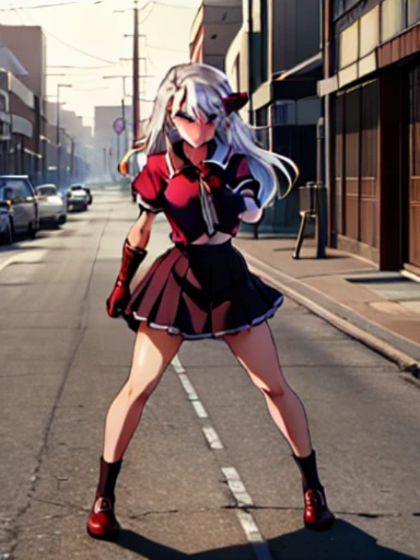 cartoon, sukeban illyasviel_von_einzbern, mature_female, silver hair, holding yoyo, combat pose, full body, flowing hair, hair between the eyes, asymmetrical hair, red eyes, delicate facial features, sukeban deka clothe, looking_at_viewer, outdoors, background tokyo, ((solo girl:1,5))+++++,woman in a 80's sukeban seifuku standing on a set of strees, black , 80's japanese sukeban photo, sukeban seifuku,  80's japan, sukeban, long black skirt, red converse, full body, light skin tone female, full body, tape, arm_support, gloves, red_gloves, bridal gauntlets, blackred_footwear, fighter outfit, full body, hourglass, mature face, cheeky smile, cheeky face, wrinkles,( silver long hair, earrings, ear piercings), (fighting art, Martial arts, standing, fighting_stance, fight, fighting), extra colors, 2D, megapixel, perfectionism, accent lighting, full HD , 4K, masterpiece, empty red eyes,  extra colors, 2D, megapixel, perfectionism, accent lighting, full HD , (Masterpiece:1.2), (full-body-shot:1),(cowboy shot:1.2), (Highly detailed:1.2),(anime Detailed Face:1.2), Colorful, A detailed eye, (Detailed landscape:1.2), (natural lighting:1.2), ((sukeban school teacher)) by Vincent Di Fate: Aidyllery, Anamorphic Shot, rule of thirds, face by Artgerm and WLOP, ((street of rage 4 city backround)), fictive city backround in the style art of street of rage 4,