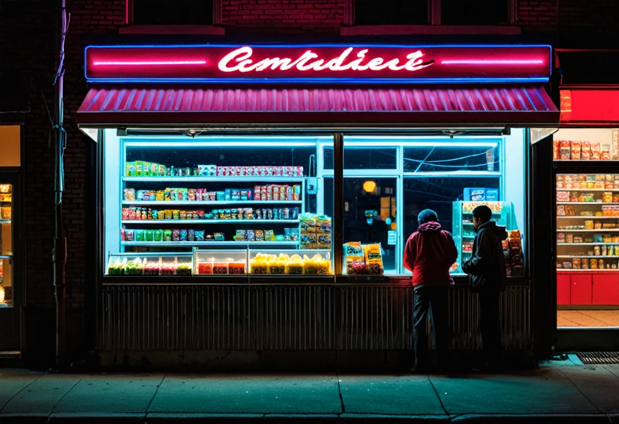 Imagine a midnight convenience store, nestled in a quiet corner of the city. The store's neon sign glows softly, casting a gentle light on the empty street. Through the store's large windows, you can see shelves stocked with snacks and drinks, their labels illuminated in the dim light. The cashier's counter is adorned with a flickering fluorescent light, and a lone figure, the store clerk, stands behind it, gazing out into the night. Outside, the city sleeps, but this little store remains a beacon of comfort and convenience in the darkness.