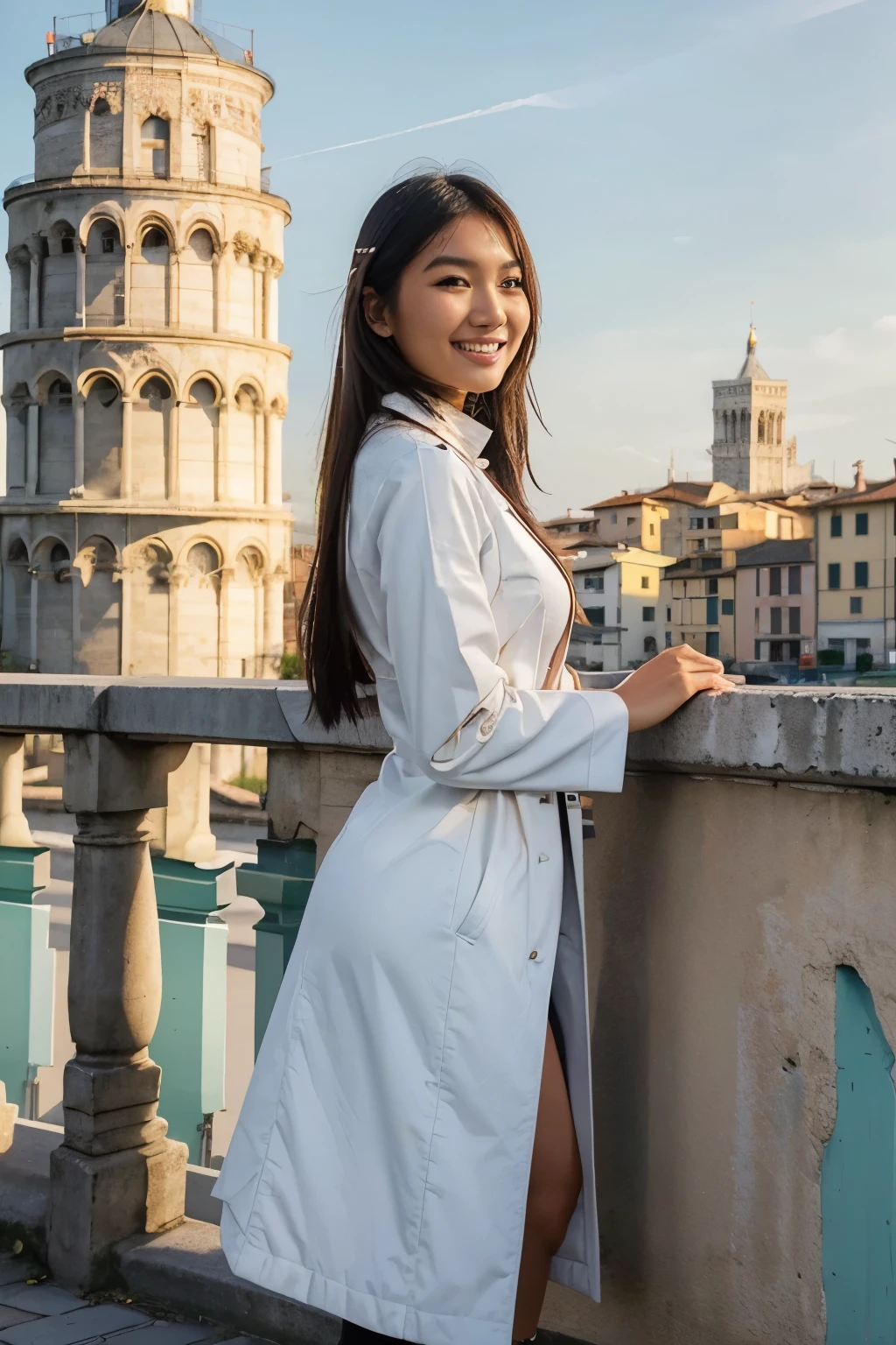 A beautiful 26 year old Indonesian woman smiles sweetly and gently wearing a white coat with high boots. standing close to the beautiful colorful italy tower of pisa. looks like a famous magazine cover girl. the background is a stylish Italian tower of pisa, brought in 2 0 2 0, profile photo, gemma chan, very artistic pose, photo taken on 2 0 2 0